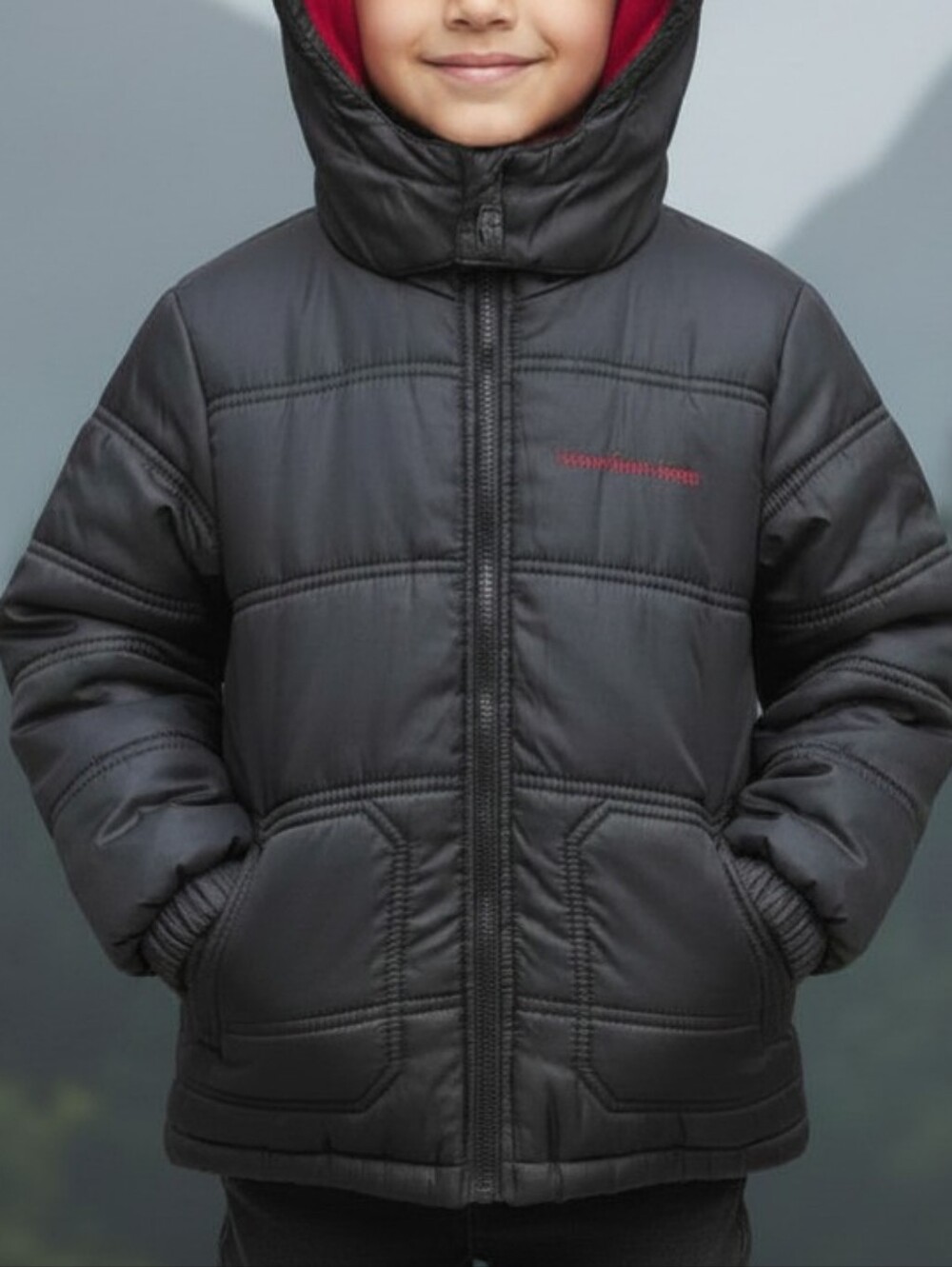 Calvin Klein Jeans Black Puffer Jacket with Red Logo
